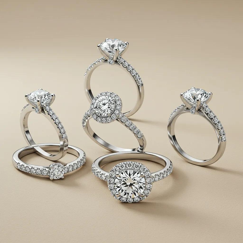 a Curated Selection of Contemporary White Gold Engagement Ring Designs Showcasing Solitaire Halo and Minimalist Aesthetics