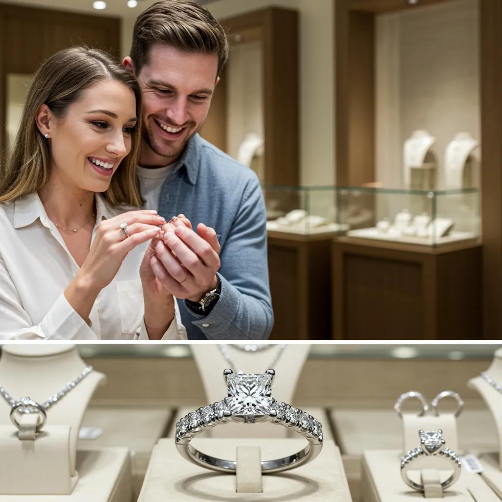 Couple Admiring a Modern Princess Cut Diamond Engagement Ring in a Jewelry Store Highlighting Contemporary Engagement Ring Trends