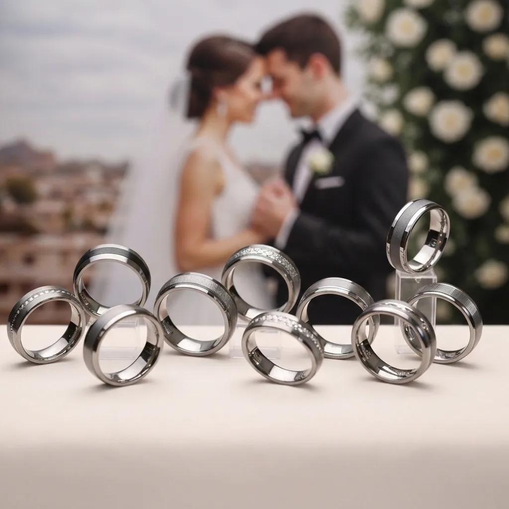 Collection of Mens Wedding Bands Displayed with Bride and Groom in the Background