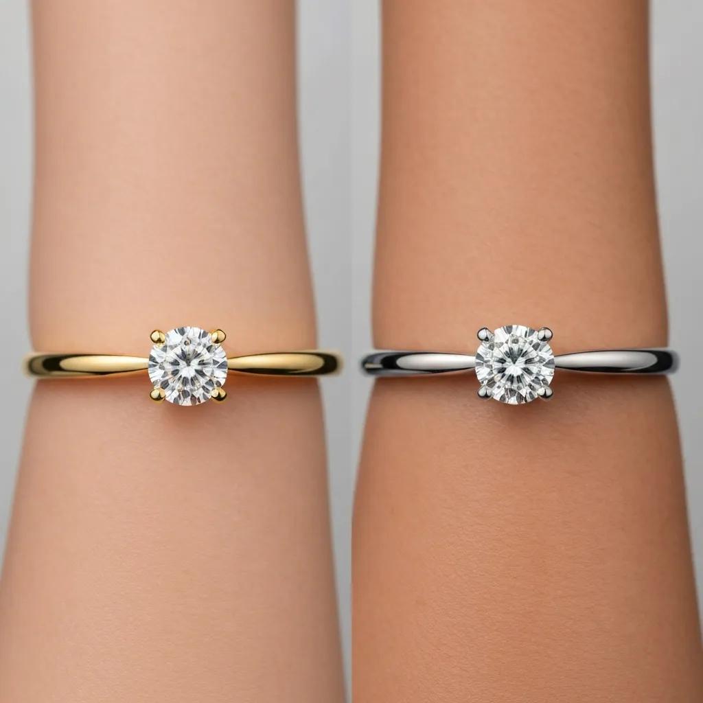 Comparison of Yellow Gold and White Gold Engagement Rings Against a Skin Tone Palette