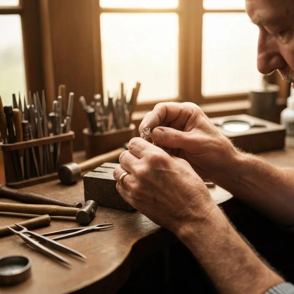 Artisan Setting a Diamond in a Custom Engagement Ring Showcasing Craftsmanship