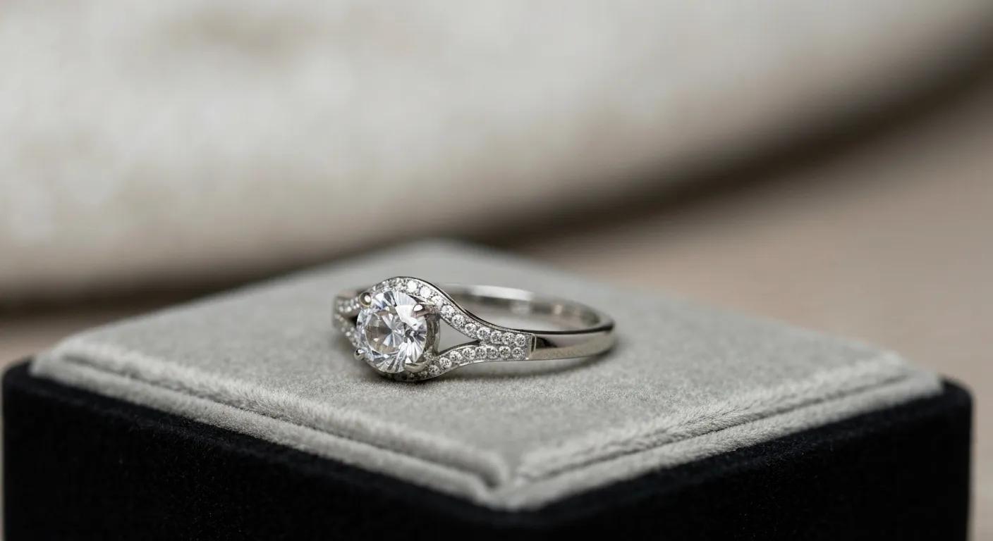 an Elegantly Set Round Brilliant Cut Engagement Ring on a Grey Velvet Platform