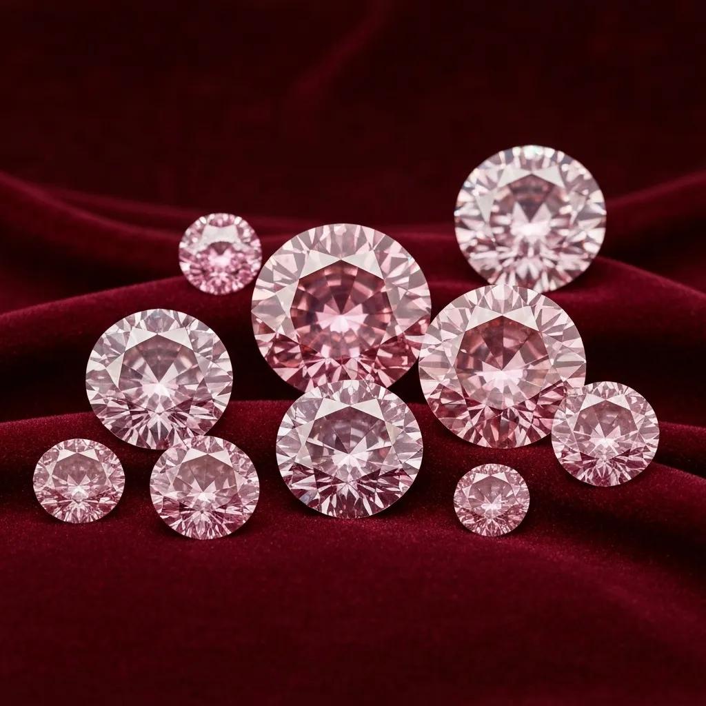 Artistic Display of Famous Pink Diamonds on a Luxurious Velvet Surface Highlighting Their Unique Shapes and Colors