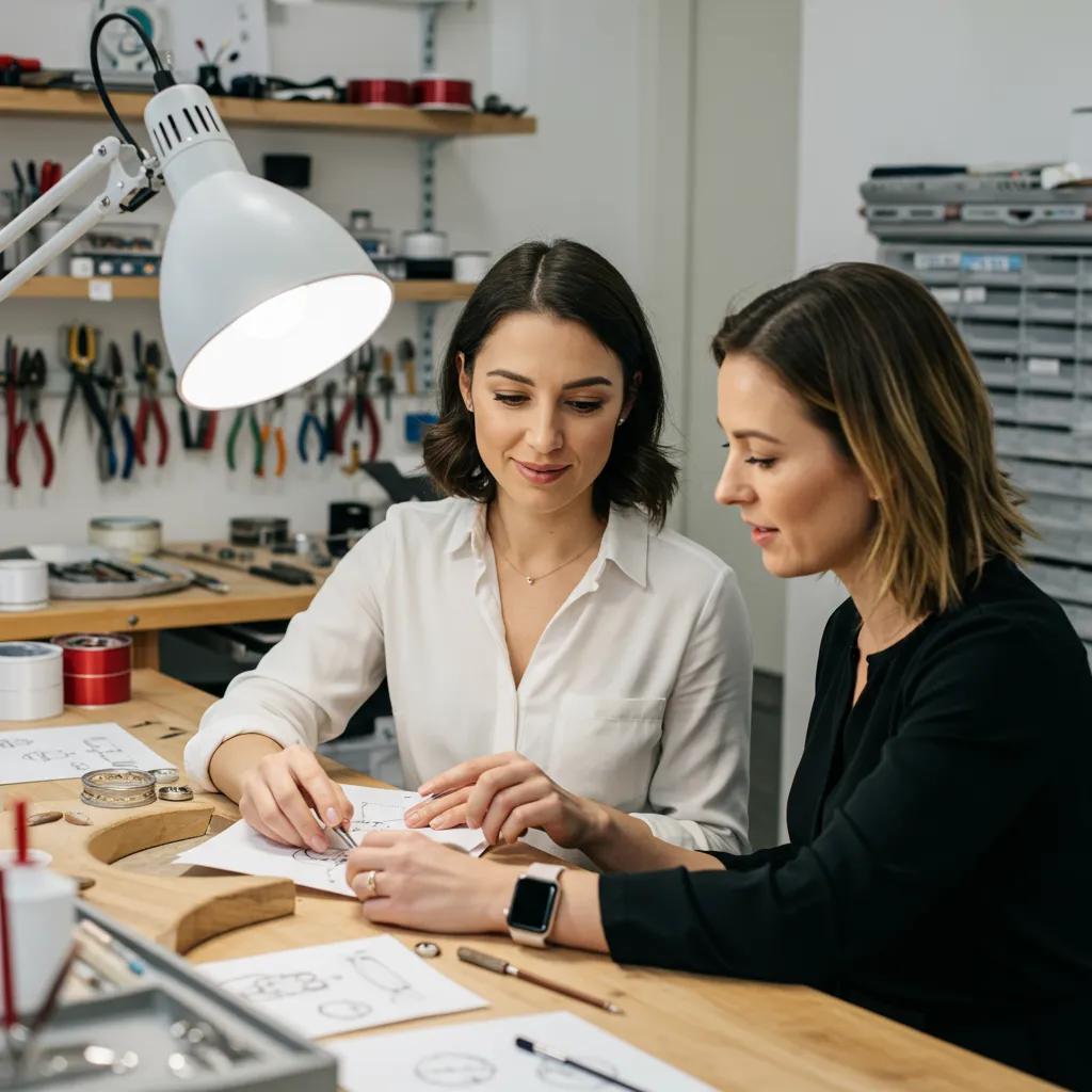 designer-and-client-collaborating-on-custom-jewellery-sketches-in-a-bright-studio-8350bf21-1f80-4ff4-9e6a-90593230c066jpg - Australian Diamond Company a Jeweller and Client Collaborating Closely over Sketches and Design Concepts in a Bright Modern Studio