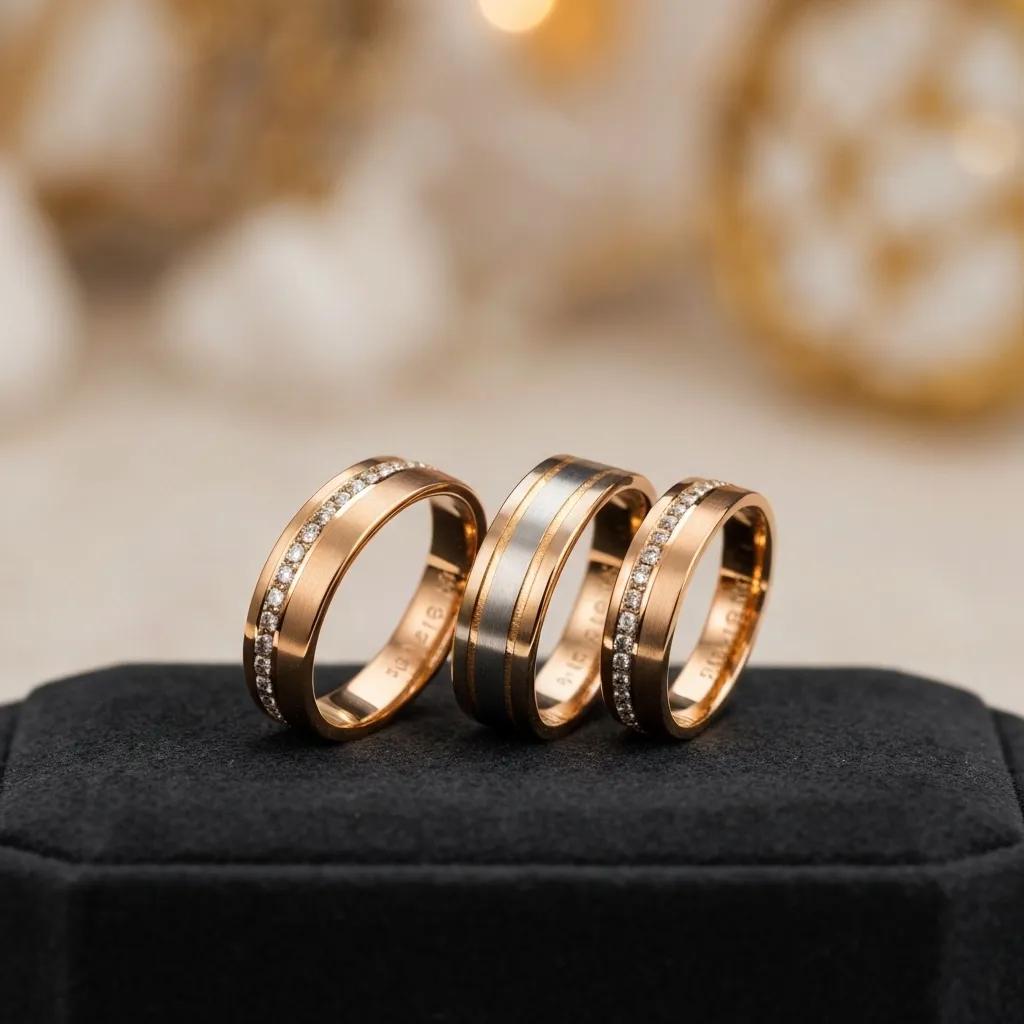Three Rose Gold Mens Wedding Bands with Diamond Accents Including One with a Black Inlay