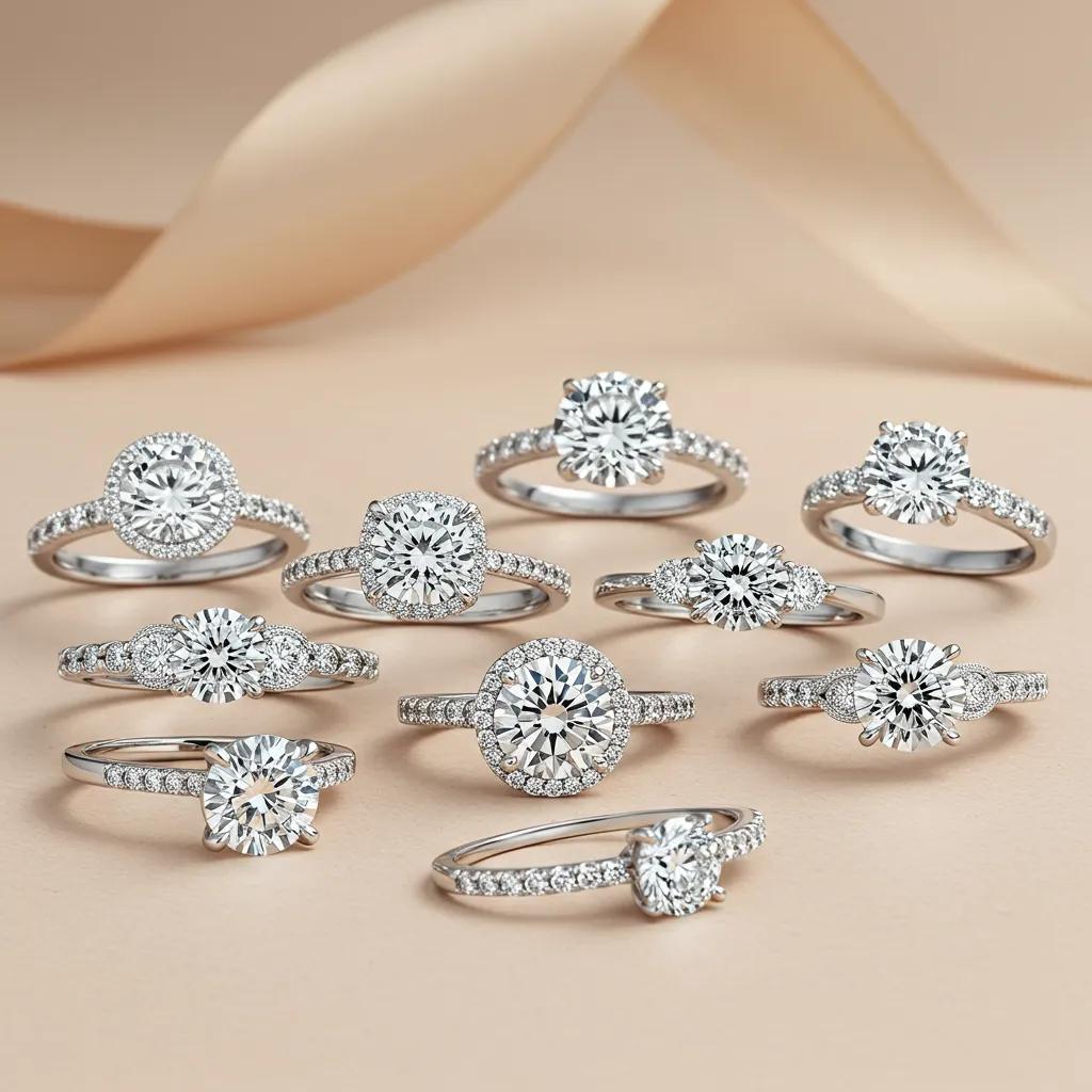a Curated Display of Popular Engagement Ring Settings Showcasing Round Brilliant Diamonds in Diverse Styles