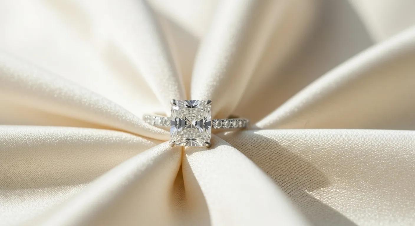 e4323d15-e299-4405-8eae-f19ee1e39be0.jpg - Australian Diamond Company Engagement Ring Sparkling on Soft Fabric Symbolizing Care and Luxury