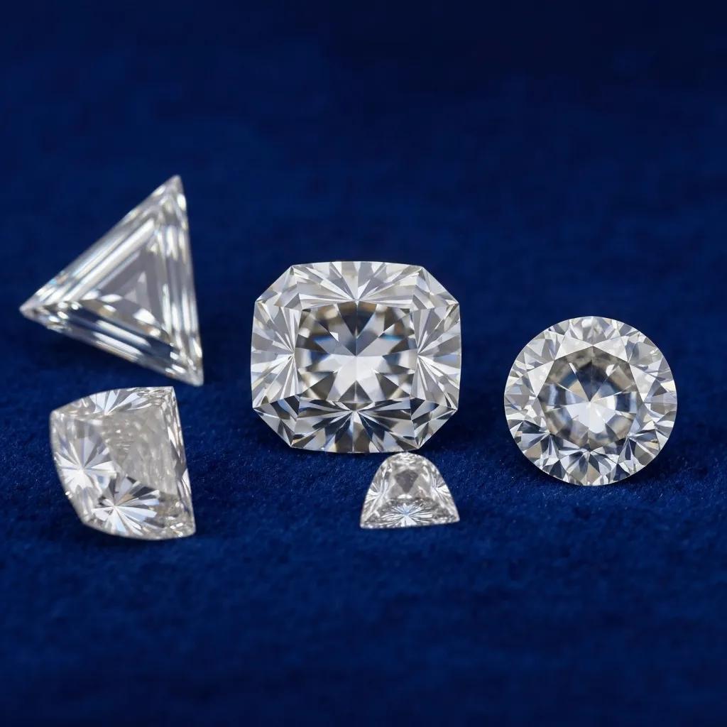 Collection of Unique Diamond Shapes Including Kite Shield and Rose Cuts Displayed Elegantly