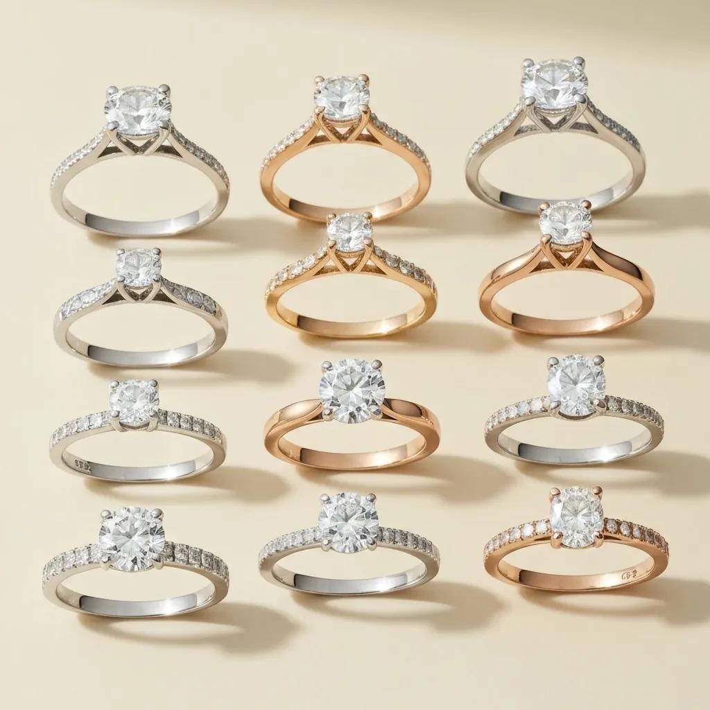 a Collection of Engagement Rings Featuring Popular Diamond Shapes and Settings Emphasizing Their Beauty and Elegance