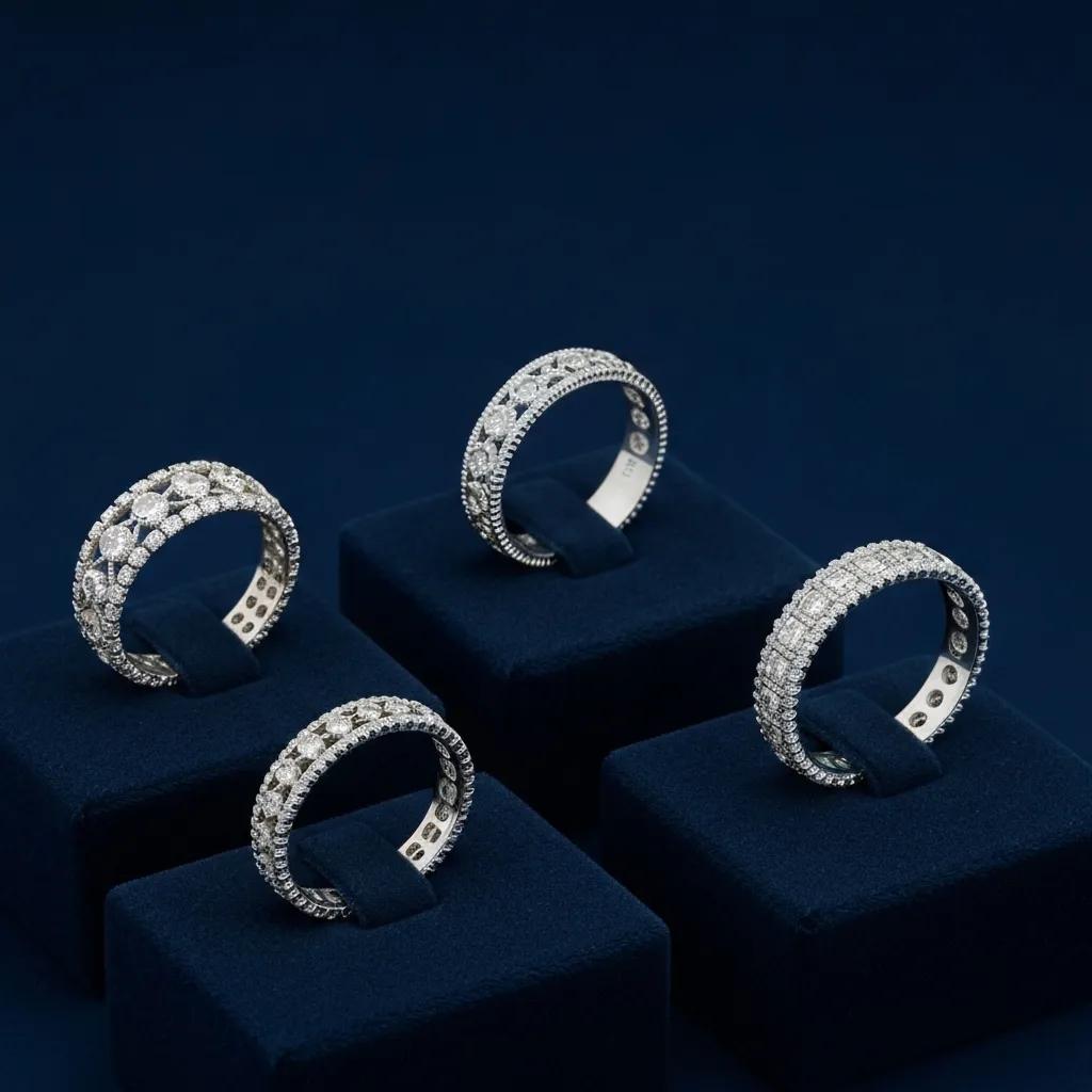 eaf3b276-9eff-490b-b48b-78b03036dd41.jpg - Australian Diamond Company Four Diamond Eternity Bands Displayed on Navy Blue Ring Holders