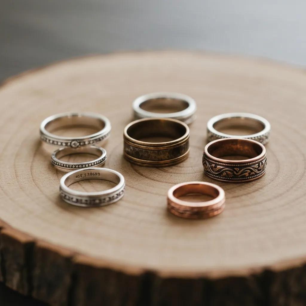 a Selection of Ethically Sourced Wedding Bands Made from Recycled Metals Arranged on a Natural Wooden Surface