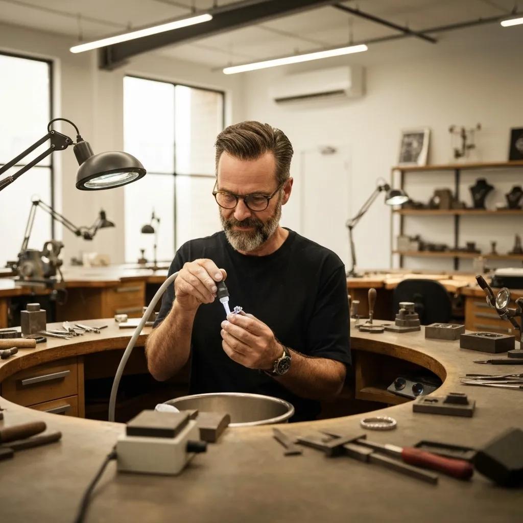 Jeweller Cleaning Engagement Ring in Workshop Highlighting Professional Jewellery Care