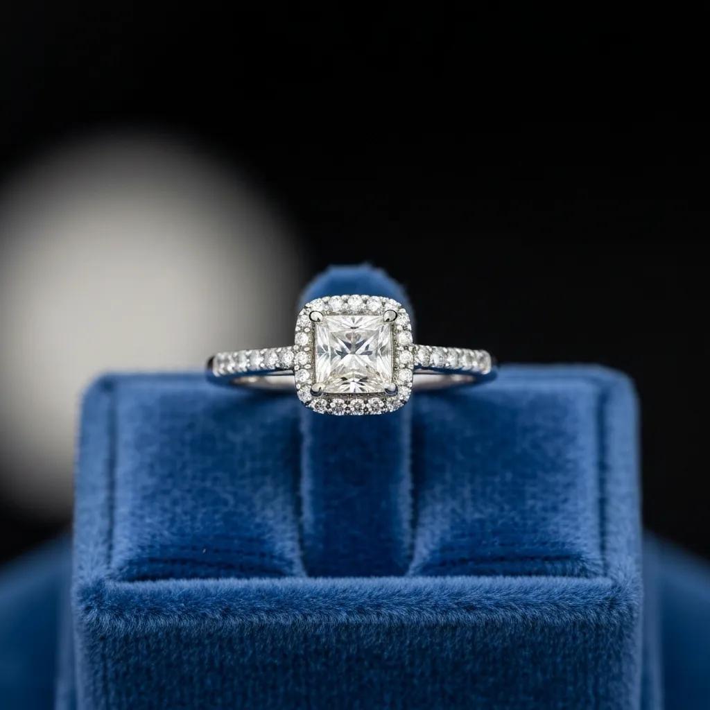 Close up of a Beautiful Engagement Ring on a Velvet Cushion Representing Average Costs