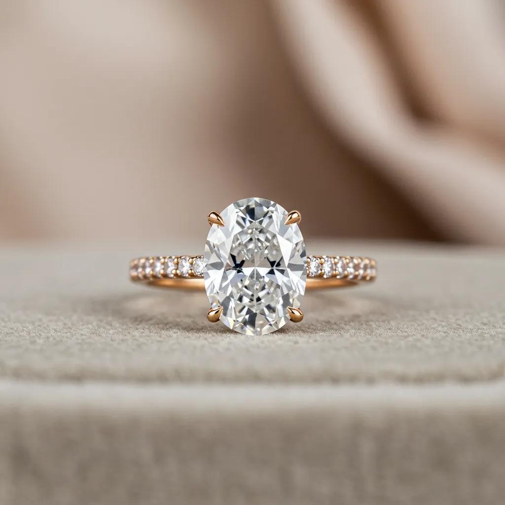 Elegant Oval Cut Diamond Engagement Ring Showcasing Brilliance and Clarity on a Velvet Surface