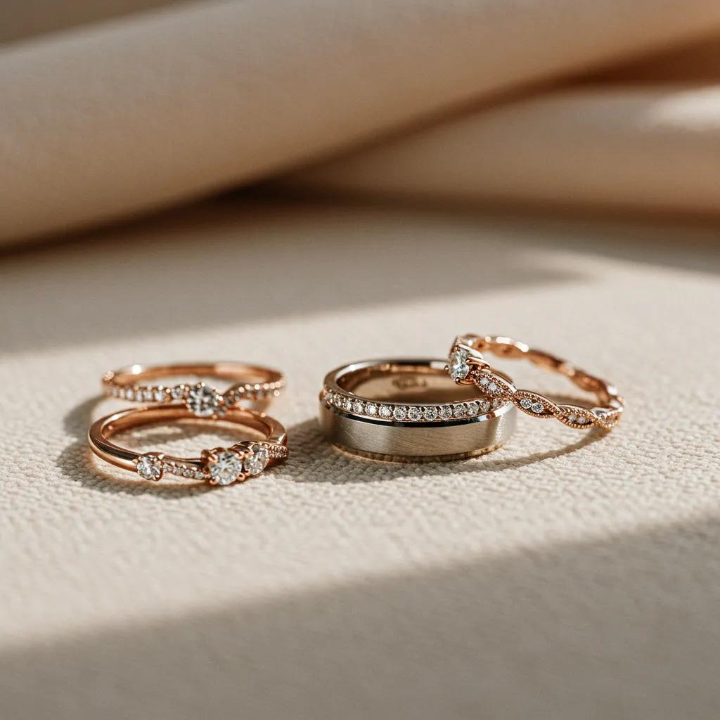 elegant womens wedding bands showcasing various styles and designs on a soft fabric background - Australian Diamond Company Elegant Womens Wedding Bands Showcasing Various Styles and Designs on a Soft Fabric Background