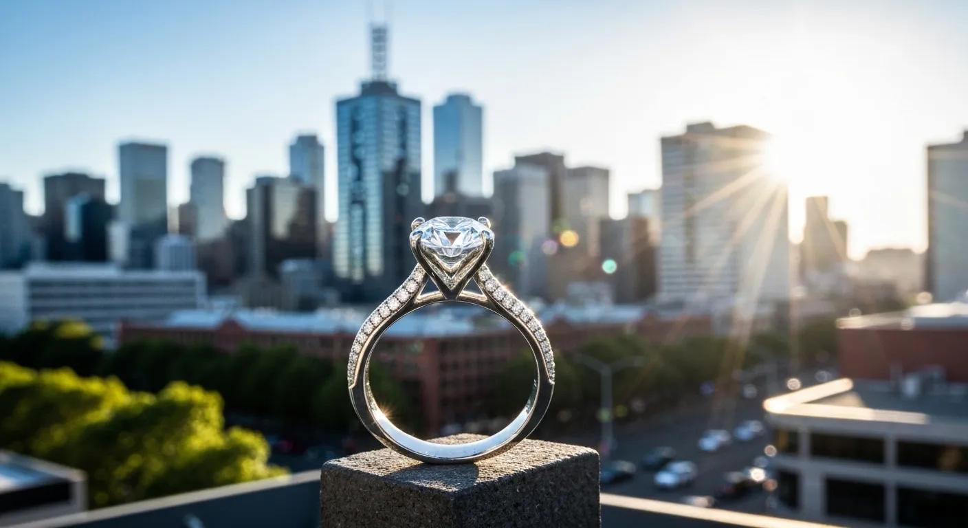 an Image with Melbourne Skyline with an Engagement Ring in the Foreground