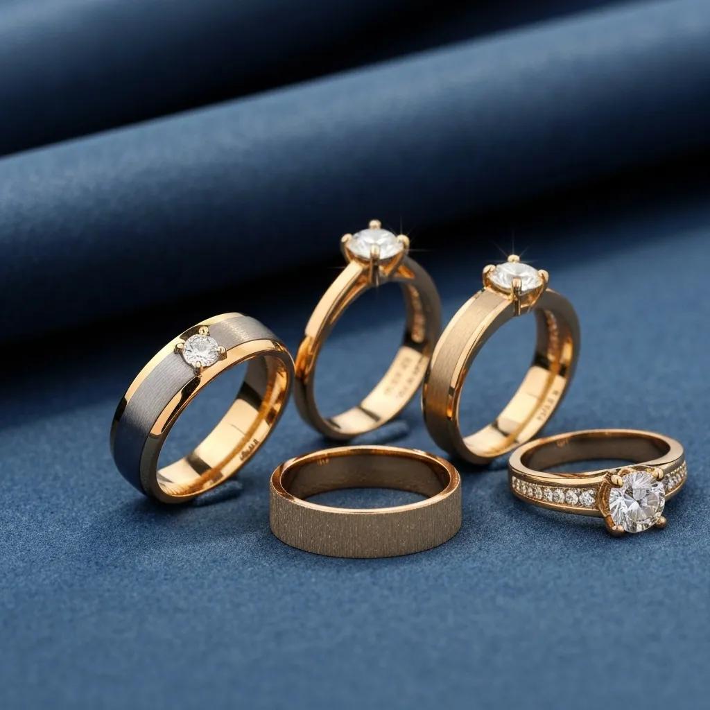 f2614baf-e4a9-4d9f-b858-adc9e5900d0c.jpg - Australian Diamond Company a Collection of Affordable Engagement Rings Made from Tungsten Titanium and 14k Gold on a Soft Fabric Background