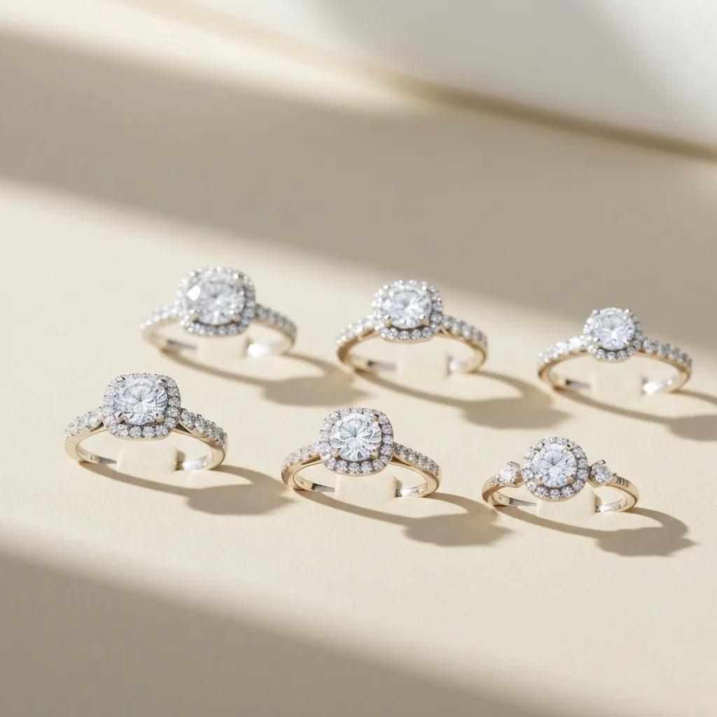 f50cc140-3056-44fe-9852-6db0adf5dc3f.jpg - Australian Diamond Company Various Engagement Ring Styles Including Solitaire Halo and Trilogy Designs Displayed Elegantly