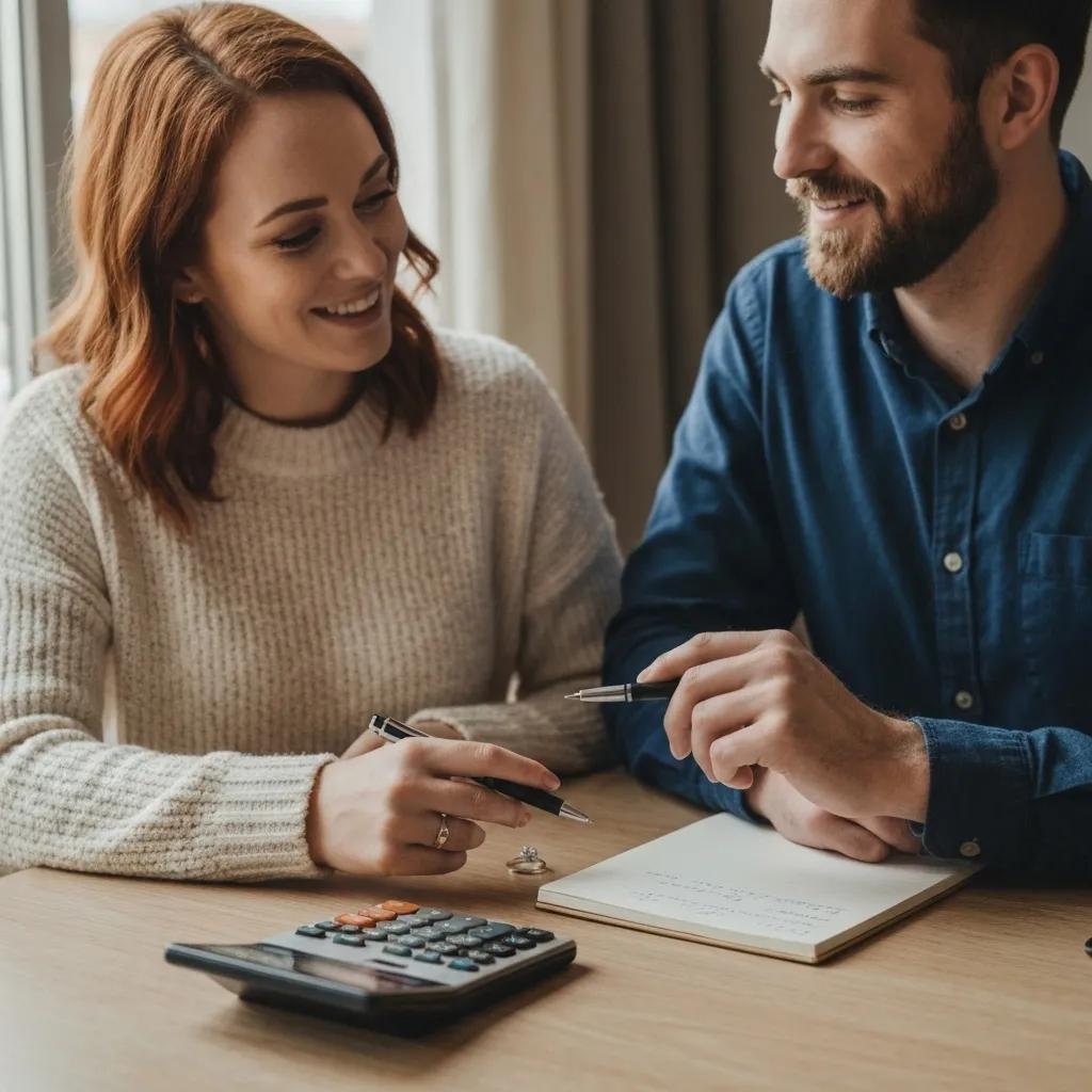 Couple Discussing Engagement Ring Budgeting with a Ring Calculator and Notepad on the Table