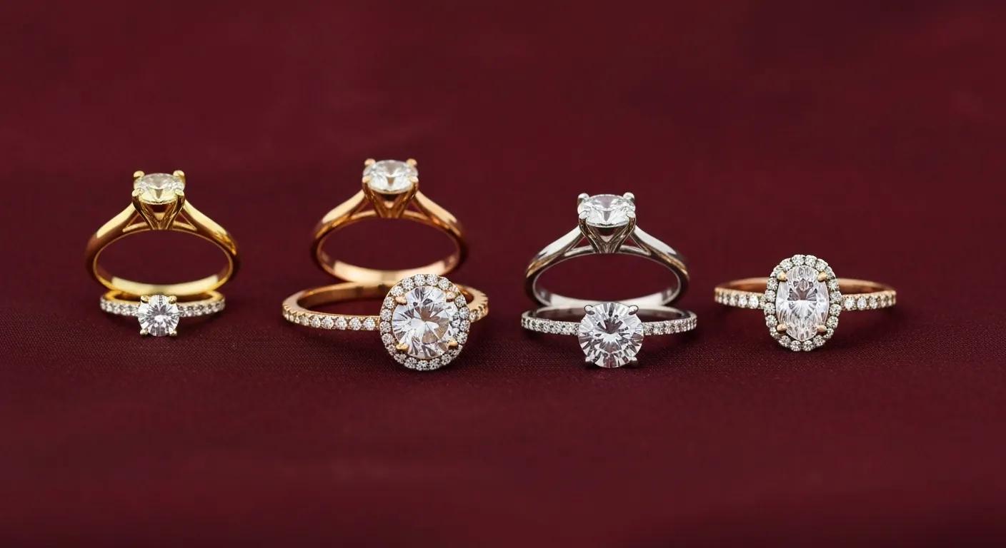 f7b97527-146f-4665-99fa-9b8c6640b13b.jpg - Australian Diamond Company a Collection of Engagement Rings Made from Yellow Gold White Gold Rose Gold Platinum and Palladium Displayed Elegantly on a Soft Fabric Background