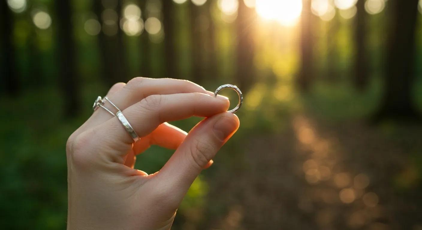 Hand Holding a Recycled Metal Engagement Ring Against a Natural Backdrop Symbolizing Ethical Sourcing