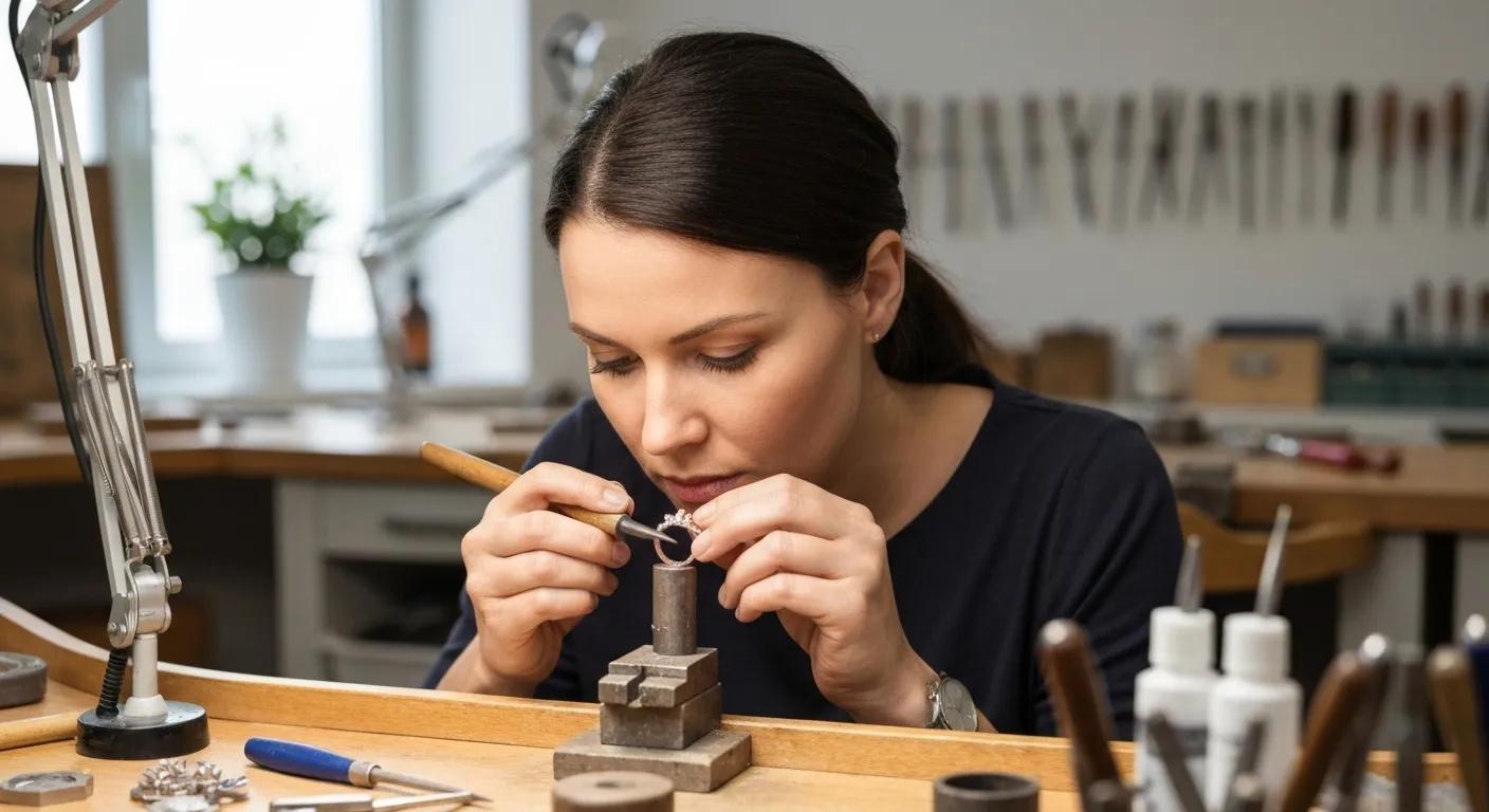 a Skilled Jeweller Meticulously Resizing a Ring Using Specialised Tools in a Workshop Setting
