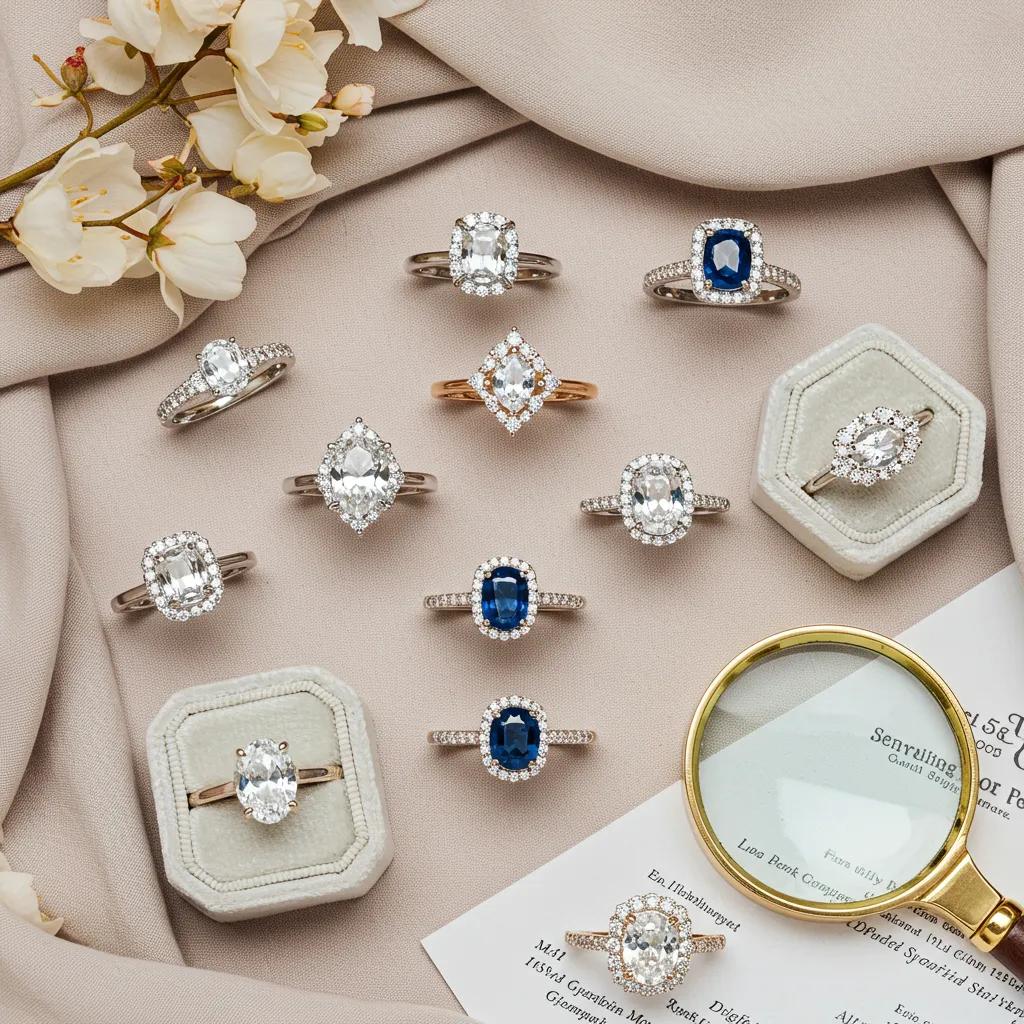 a Flat Lay Showcasing Various White Sapphire Engagement Rings Illustrating Different Styles and Settings