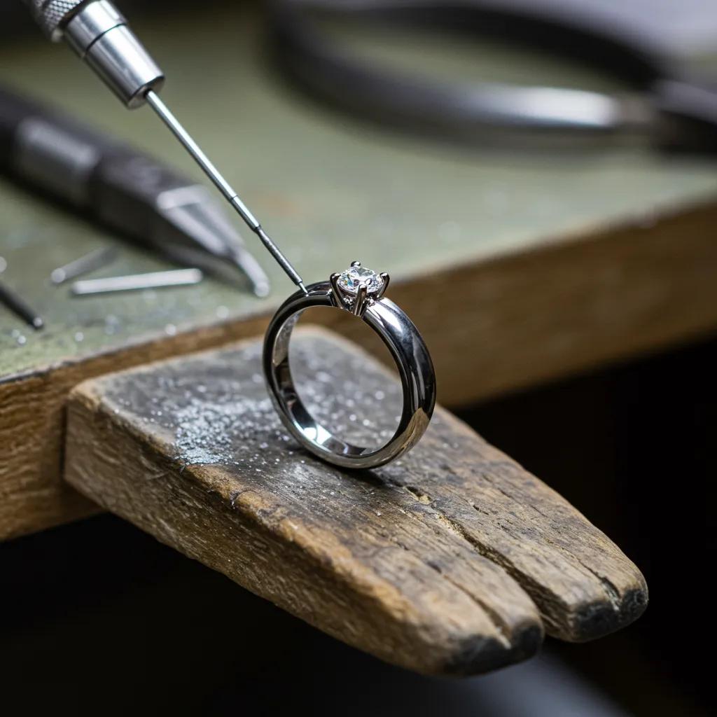 Jeweler Applying Rhodium Plating to a White Gold Wedding Band Highlighting the Plating Process