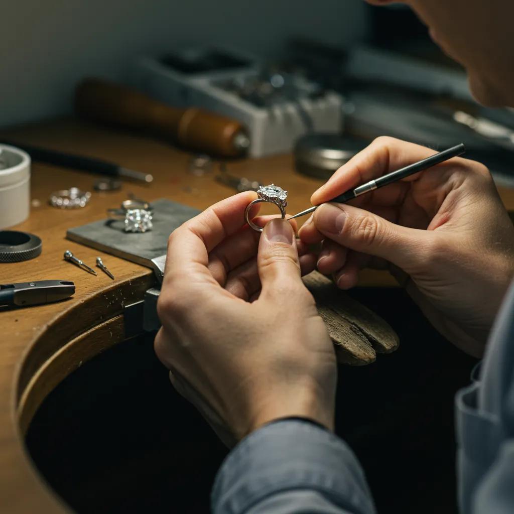 jeweller-crafting-bespoke-jewellery-with-tools-and-materials-in-a-well-lit-workspace-9fdc12cc-df4d-4c93-91d2-dcada95bdf24jpg - Australian Diamond Company a Skilled Jeweller Meticulously Crafting a Bespoke Piece of Jewellery Using Specialised Tools in a Brightly Lit Workshop