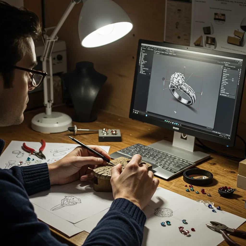 jeweller-designing-a-custom-ring-with-cad-technology-and-gemstones-d88195c5-3ba5-47fe-8400-a7ba77e51359jpg - Australian Diamond Company a Jeweller Meticulously Designing a Custom Ring Using Advanced Cad Technology and Showcasing Various Gemstones