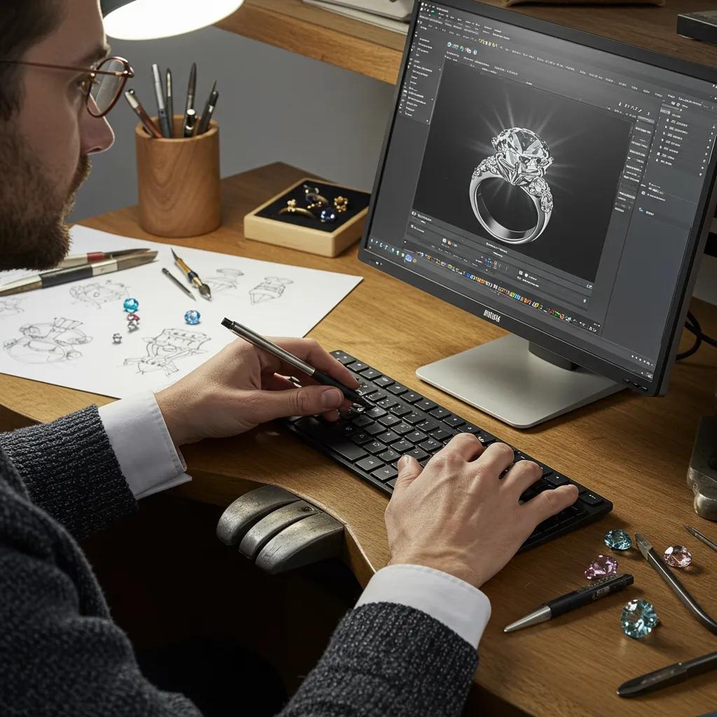 Expert Jeweller Meticulously Utilising Advanced Cad Software for Intricate Custom Ring Design Highlighting the Sophisticated Design Process Available in Melbourne