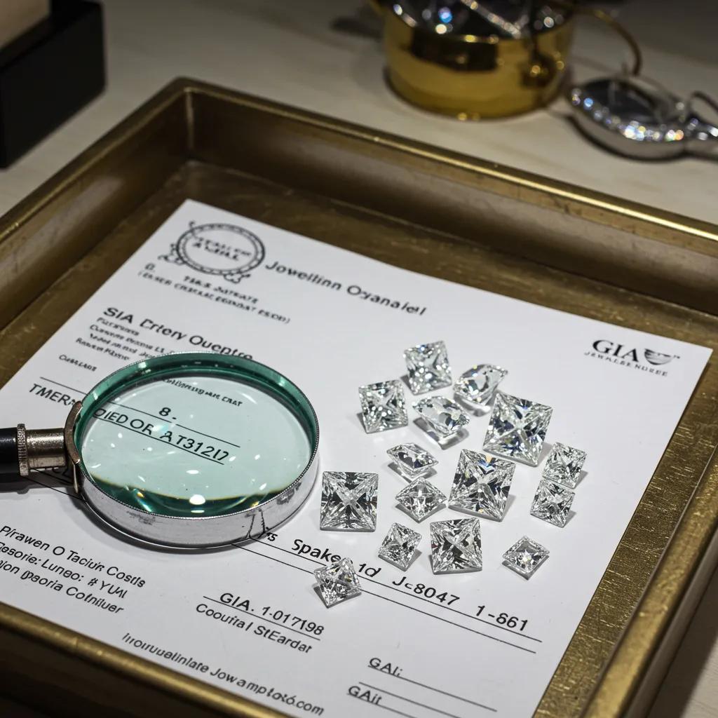 a Collection of Loose Princess Cut Diamonds Displayed on a Jeweler's Tray Alongside a Magnifying Glass and Gia Certificate