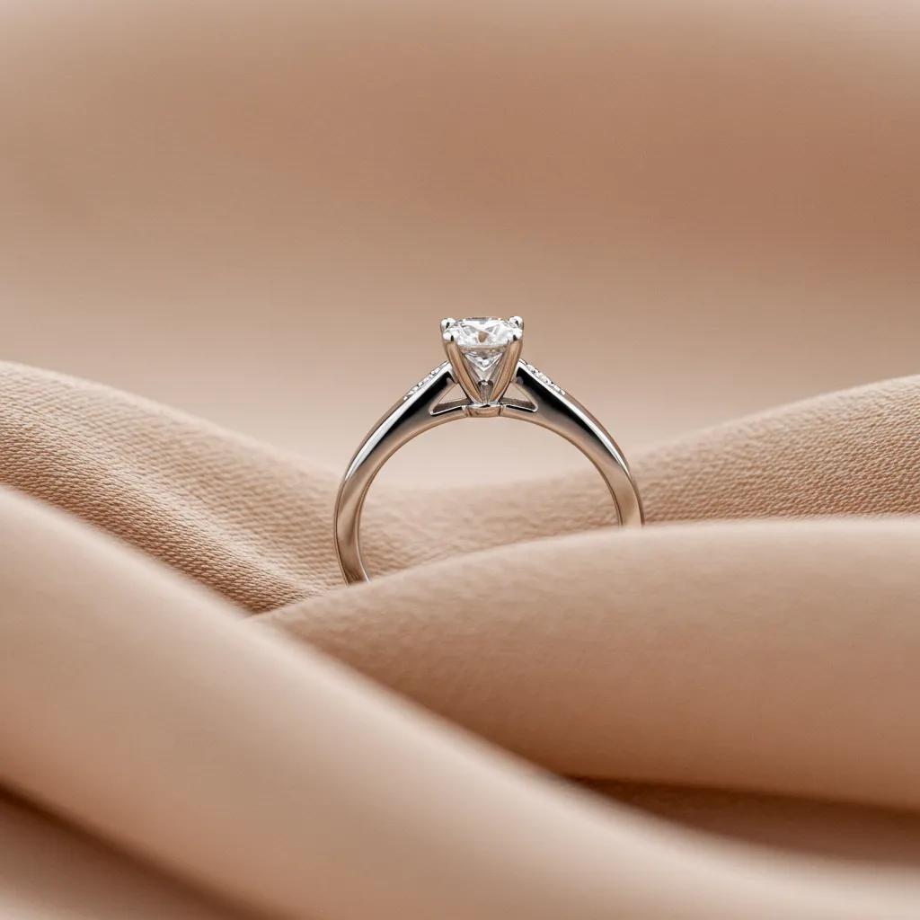 Modern White Gold Engagement Ring with a Sparkling Diamond on a Soft Fabric Background