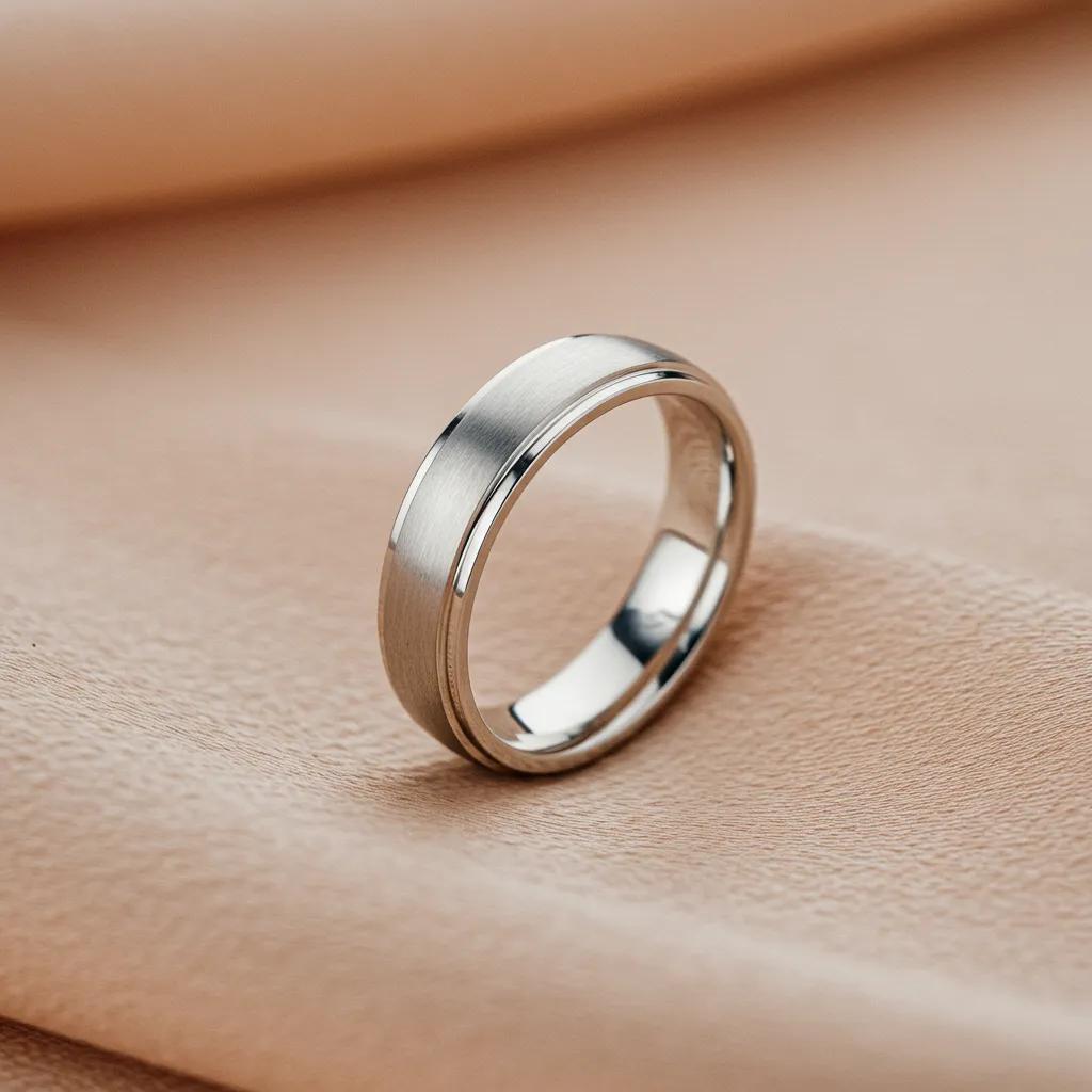 Modern White Gold Wedding Band on Elegant Fabric Showcasing Its Polished Brilliance