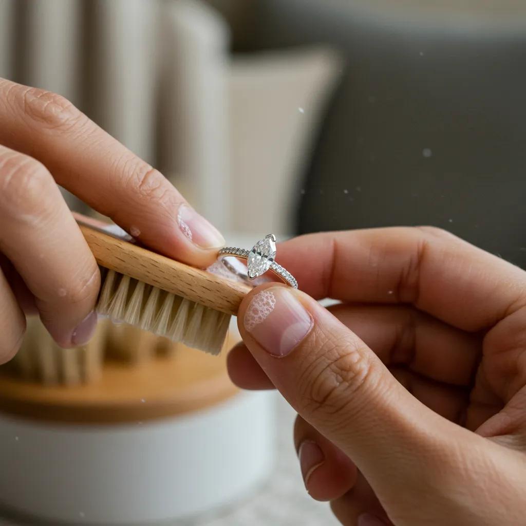 Person Cleaning a Marquise Cut Diamond Ring with a Soft Brush and Warm Soapy Water