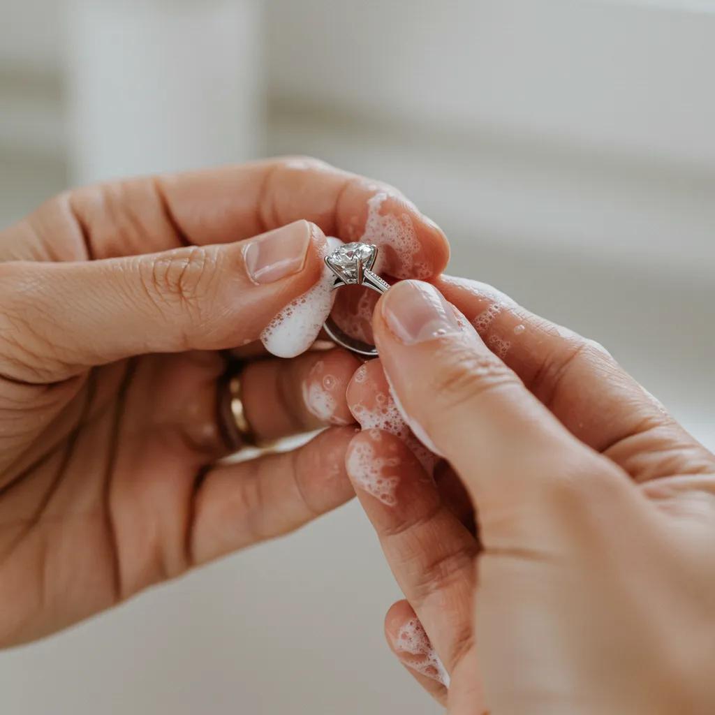 person-cleaning-a-platinum-engagement-ring-with-a-soft-brush-and-soapy-water-in-a-bright-setting-faee2e72-b4a8-4cc0-9b59-6af04c1dbec0jpg - Australian Diamond Company a Person Gently Cleaning a Platinum Engagement Ring with a Soft Brush and Mild Soap in a Well lit Environment