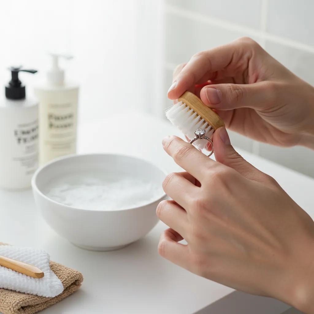 person-cleaning-diamond-ring-with-soft-brush-and-mild-soap-in-a-bright-bathroom-c431219f-6e3e-405f-9333-0504399825b1webp - Australian Diamond Company Person Cleaning Diamond Ring with Soft Brush and Mild Soap in a Bright Bathroom