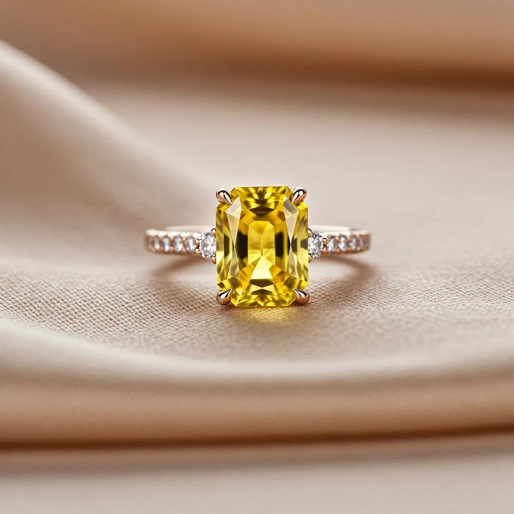 radiant yellow sapphire engagement ring on soft fabric highlighting its vibrant color and elegance - Australian Diamond Company Radiant Yellow Sapphire Engagement Ring on Soft Fabric Highlighting Its Vibrant Color and Elegance