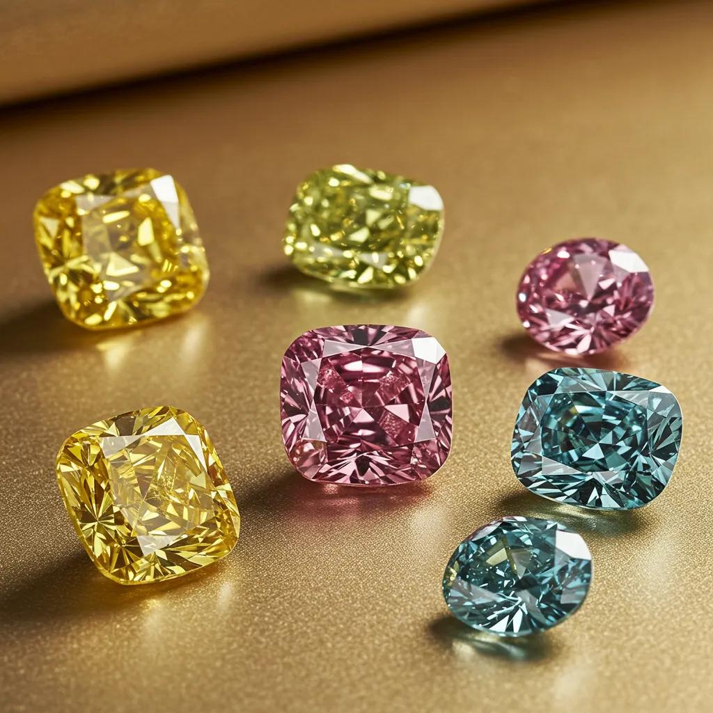 an Artistic Arrangement of Fancy Colour Diamonds Including Yellow Pink and Blue Hues Showcasing Their Unique Colours and Vibrant Intensities