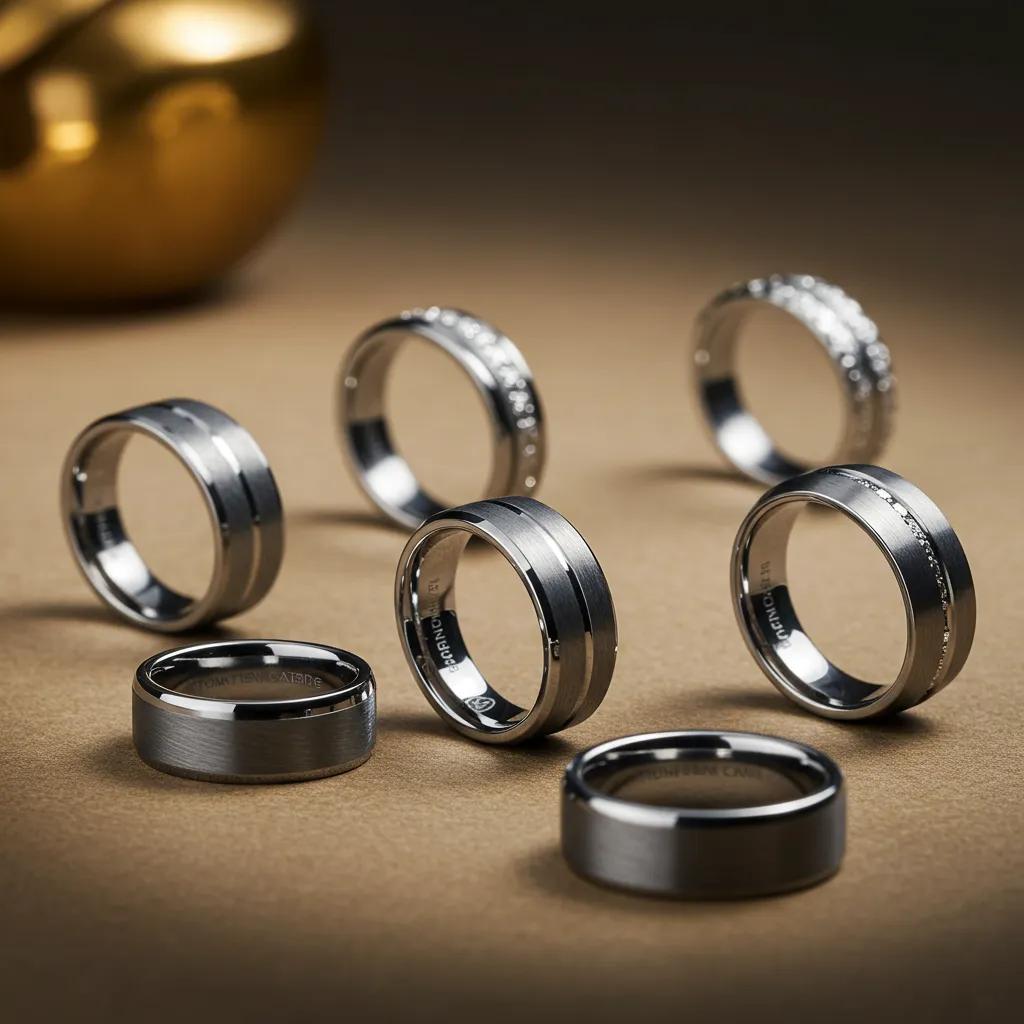 Stylish Mens Wedding Bands Showcasing Tungsten Carbide Titanium and Platinum on a Velvet Surface