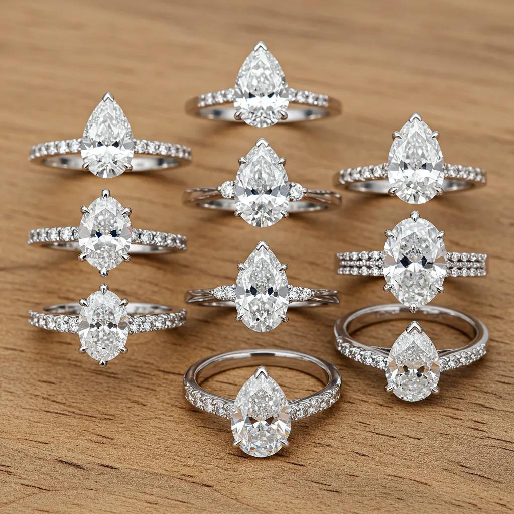 a Diverse Collection of Pear Diamond Engagement Ring Styles Showcasing Both Classic and Contemporary Designs