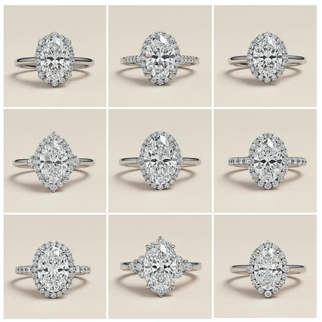 Variety of Popular Engagement Ring Settings for Oval Cut Diamonds Including Solitaire Halo and Three stone Designs