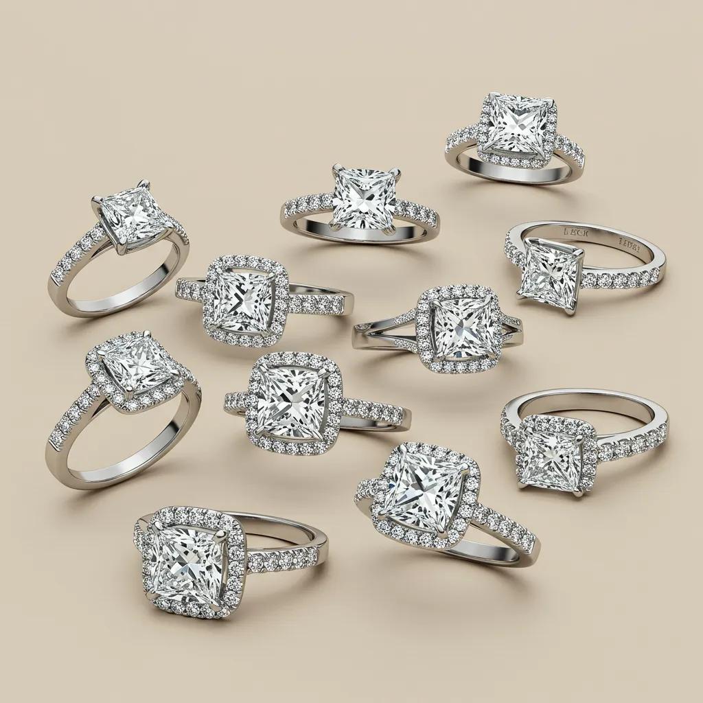 a Curated Display of Various Engagement Ring Settings Showcasing Princess Cut Diamonds Against a Neutral Backdrop