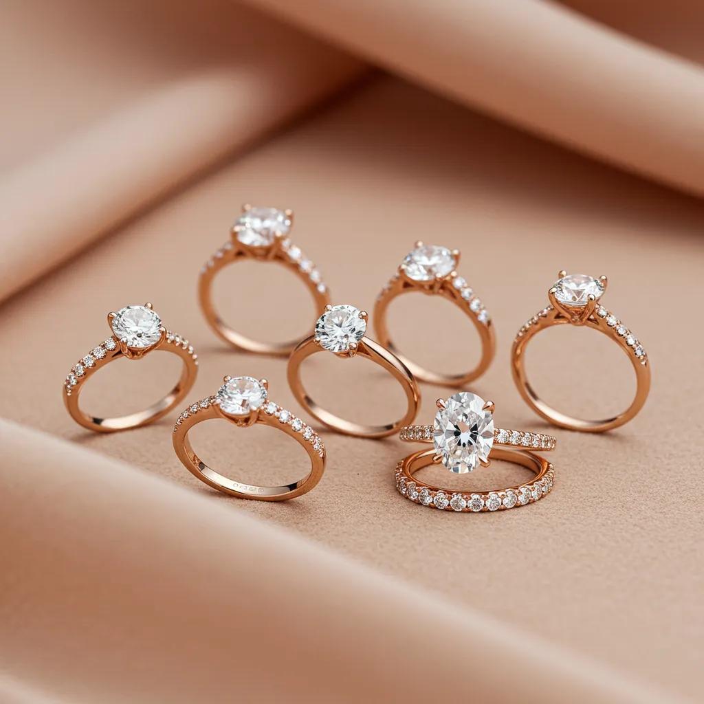 Various Romantic Rose Gold Engagement Rings Displayed Elegantly on Soft Fabric