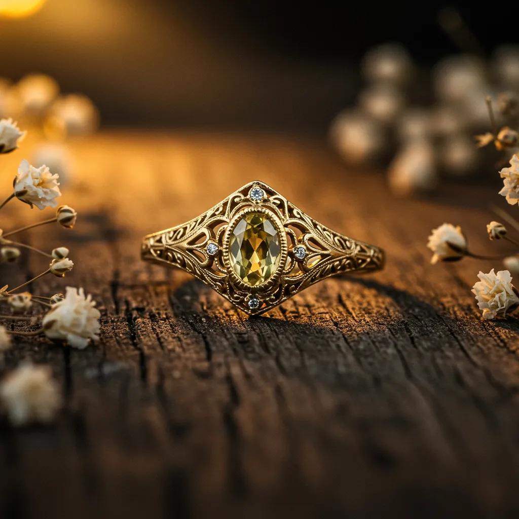 vintage-yellow-gold-engagement-ring-with-filigree-design-and-gemstone-set-in-a-romantic-atmosphere-352f12d7-e8ed-4200-99b1-56b441df7598jpg - Australian Diamond Company Vintage Yellow Gold Engagement Ring with Filigree Design and Gemstone Set in a Romantic Atmosphere
